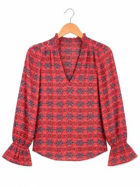 AQUA x Pendleton Blouse XS Red Geometric Print Ruffle Cuff V Neck Boho Western